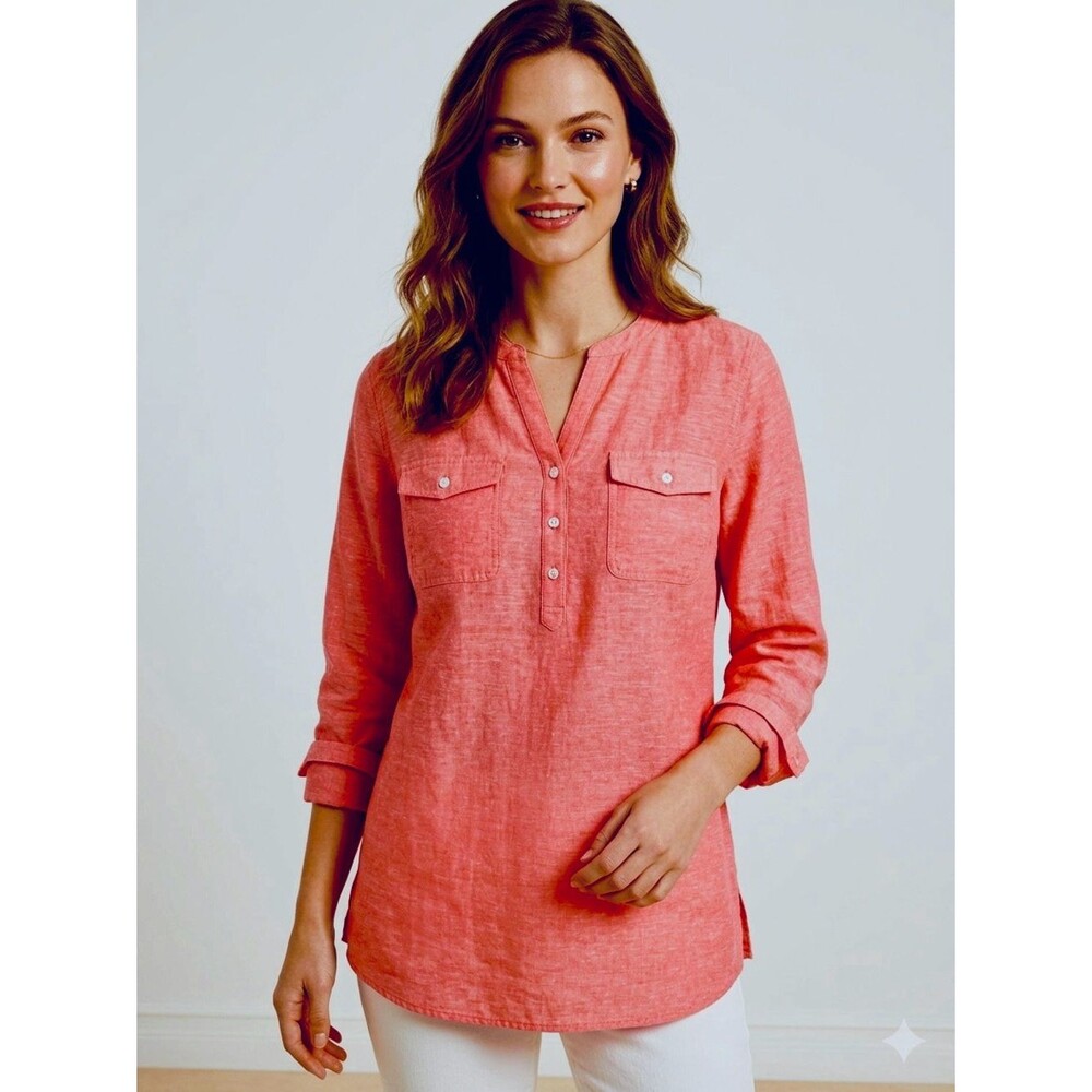 Talbots Coral-Pink Linen Blend Camp Shirt Henley Tunic Coastal Grandma SZ L
